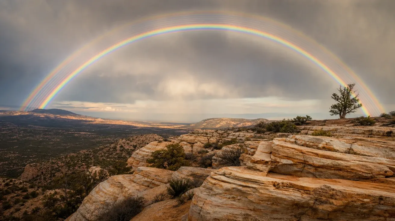 Supernumerary rainbow with tight inner stripes above a high-desert plateau. AI rainbow stock photo.