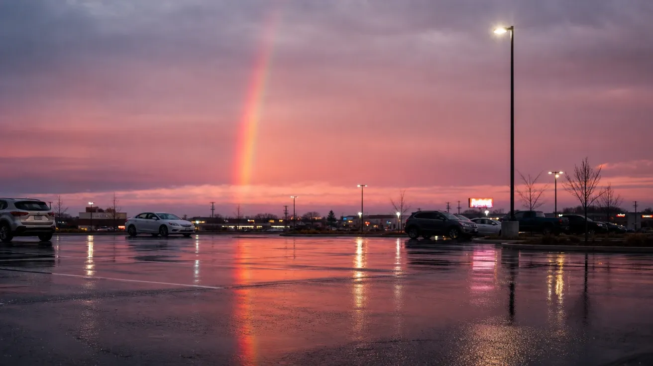 Vivid rainbow fragment over a wet parking lot at dusk, asphalt mirroring the colors. AI rainbow stock photo.