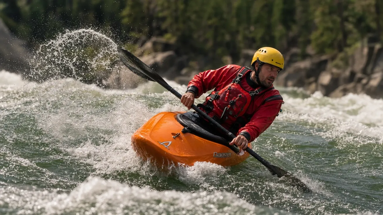 Whitewater kayaker mid-eddy on the Salmon River in Idaho at midday, AI-generated river images stock photo.