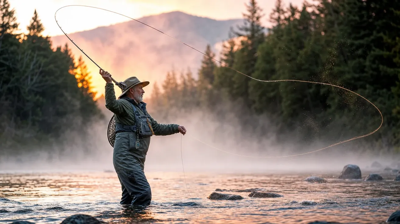 Fly-fisherman in chest waders mid-cast on a misty Montana stream at dawn, AI-generated river images stock.