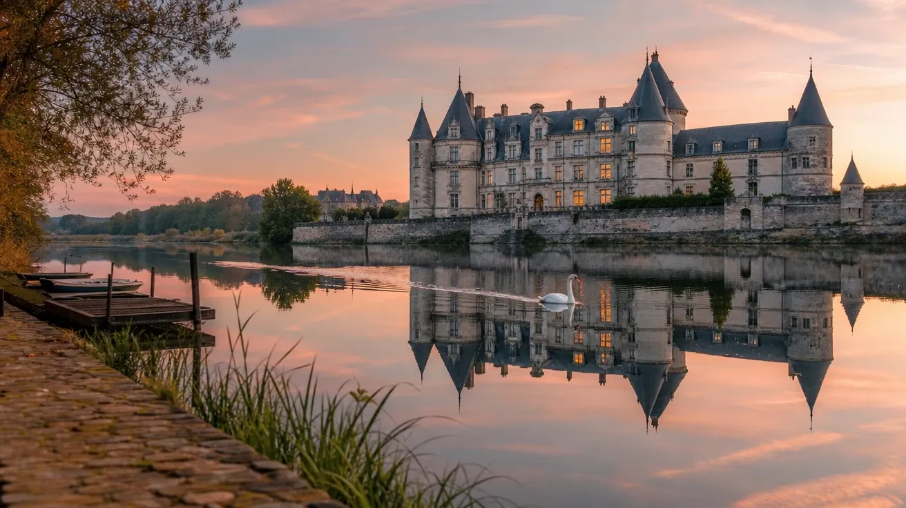 French Renaissance chateau reflected in the Loire River at dusk, AI-generated river images stock photo.