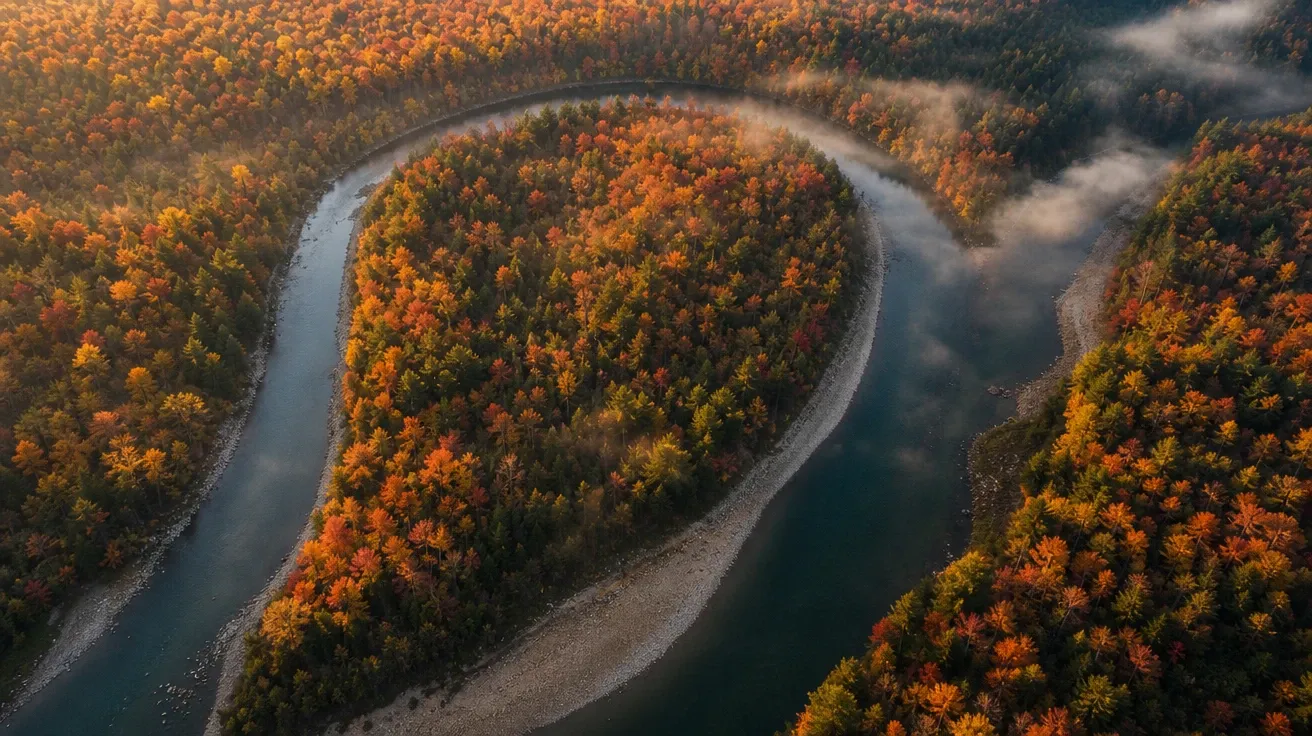 Drone overhead of a meandering river oxbow curve through autumn forest, AI-generated river images stock.