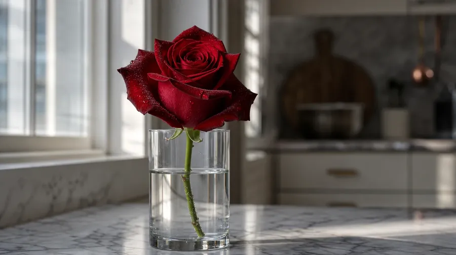 AI-generated stock rose photograph: crimson hybrid tea bloom in a clear glass vase on a white marble kitchen counter.