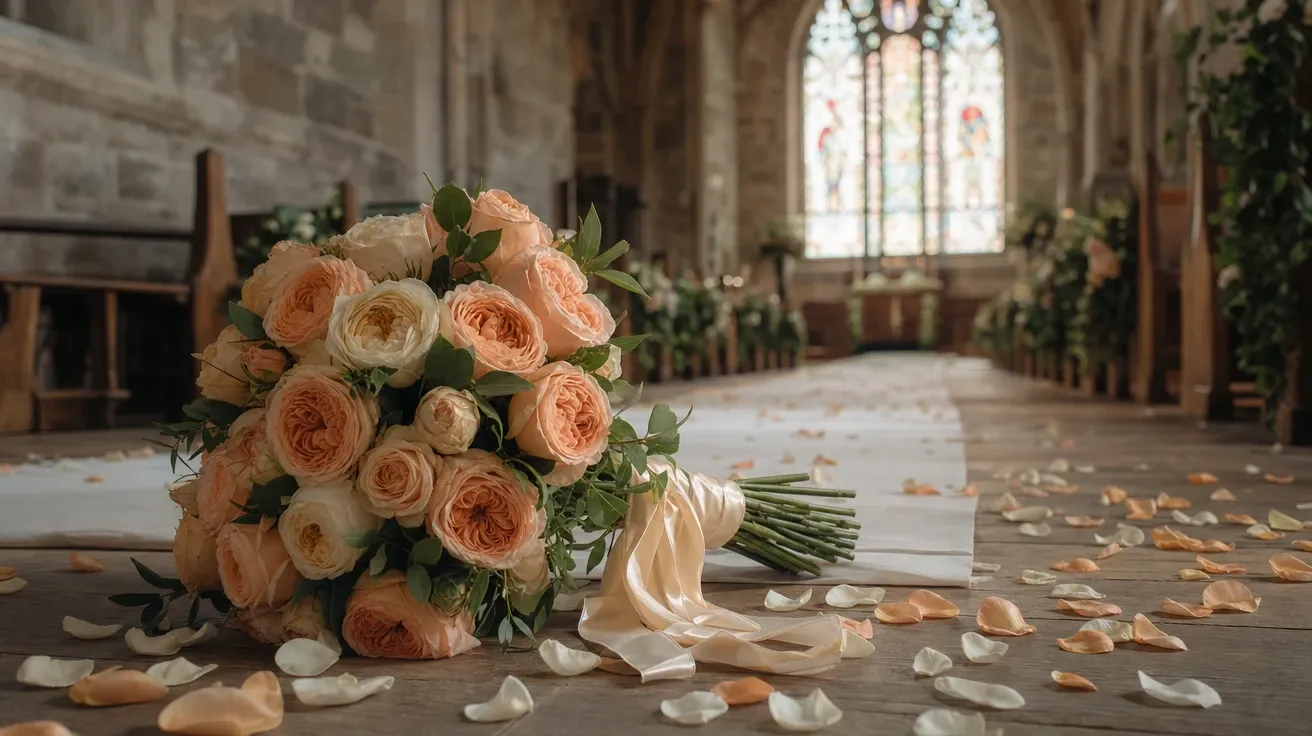AI-generated rose pictures: peach English garden rose bridal bouquet on a chapel wedding aisle with scattered petals.