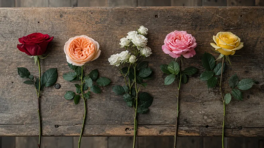 AI stock rose images: five cultivars on an oak harvest table — hybrid tea, English rose, spray, climber, tea rose.