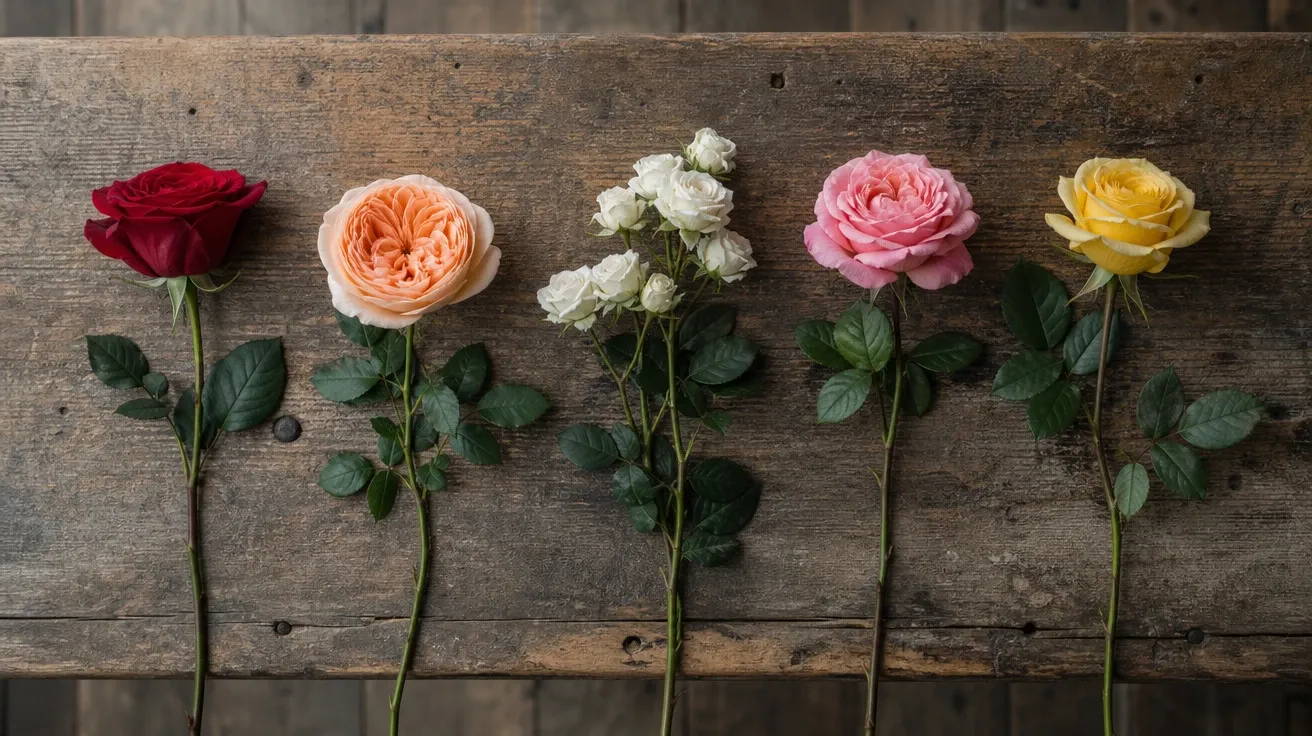 AI stock rose images: five cultivars on an oak harvest table — hybrid tea, English rose, spray, climber, tea rose.