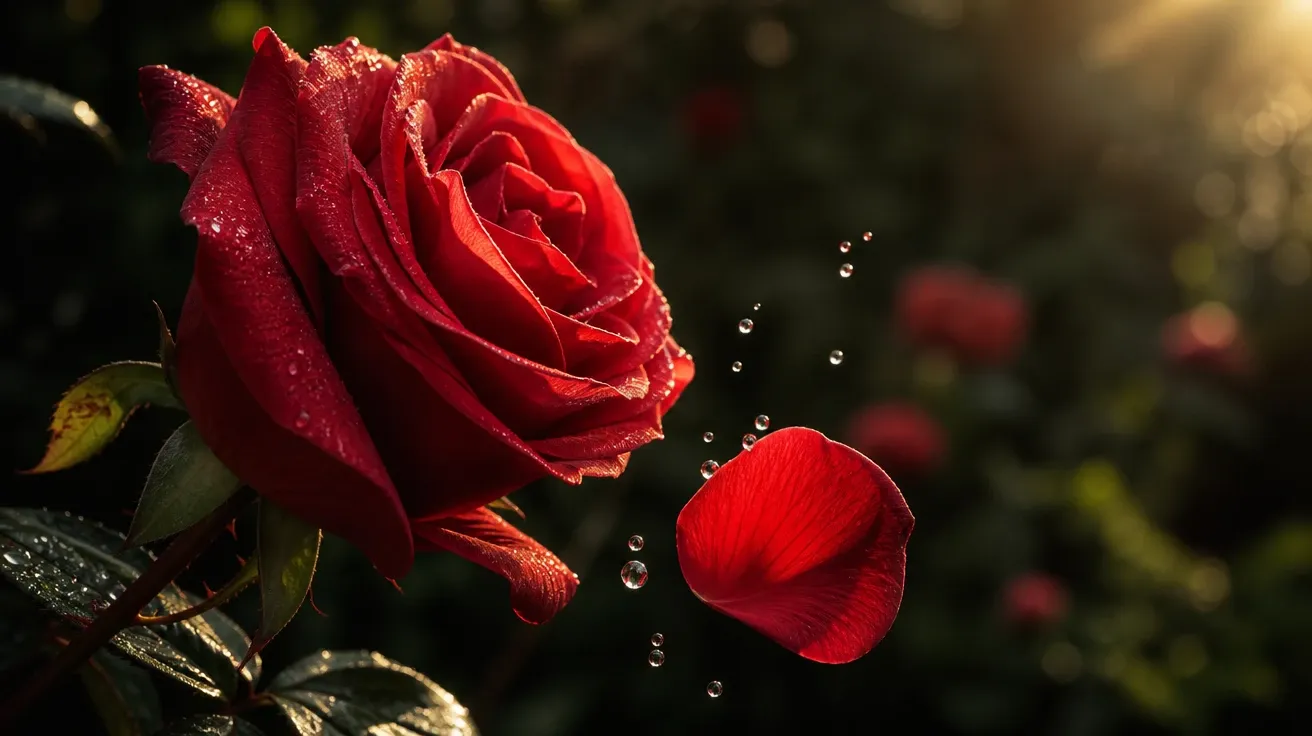 AI-generated rose pictures: sun-backlit deep red garden rose macro with a petal mid-fall against a dark hedge.