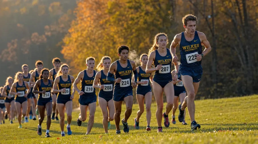 College cross-country pack mid-race climbing a hill at a state regional meet, AI-generated running images stock.