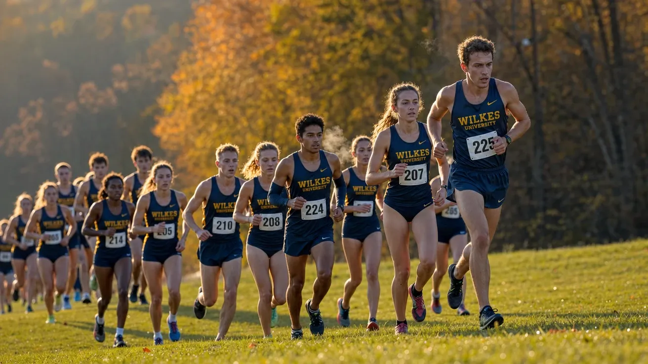 College cross-country pack mid-race climbing a hill at a state regional meet, AI-generated running images stock.