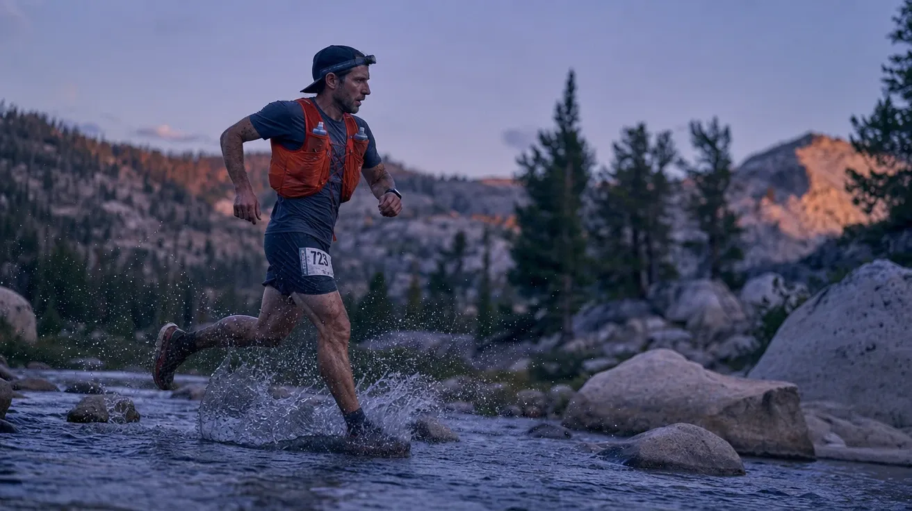 Trail ultrarunner crossing a Sierra creek at dusk on the Western States course, AI-generated running images.