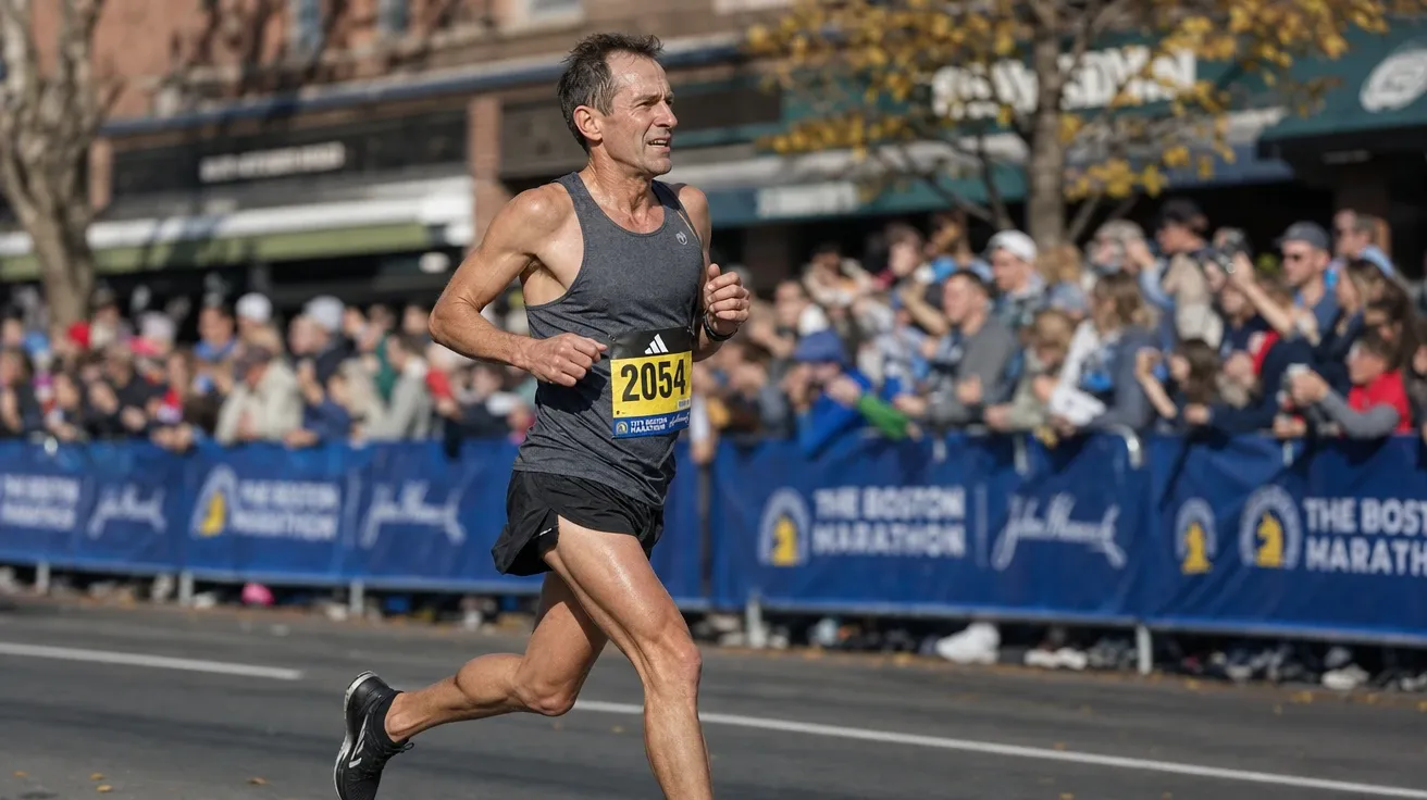 Master's marathoner at mile 23 of the Boston Marathon in mid-afternoon, AI-generated running images stock.