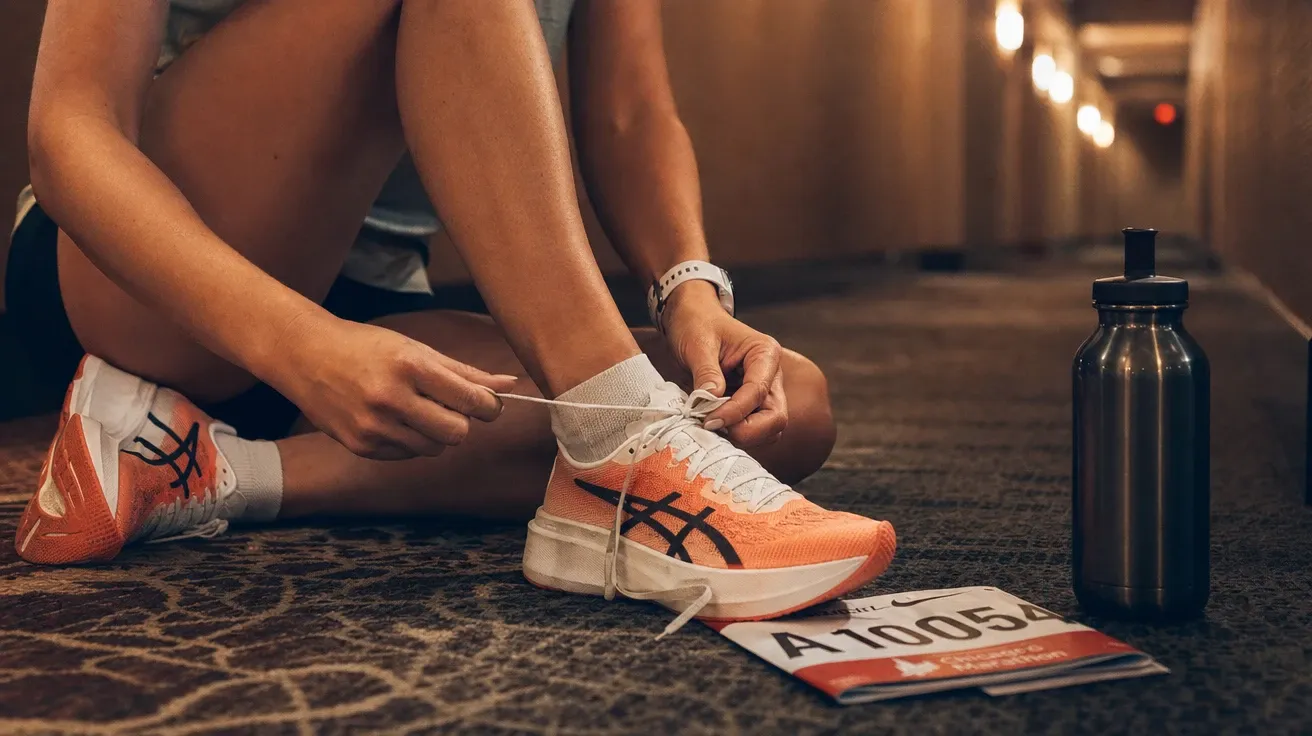 Close-up of hands lacing racing flats in a hotel hallway before dawn, AI-generated running images stock photo.