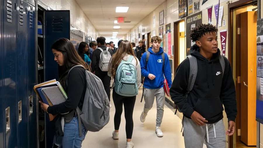 AI school stock image of a busy American high-school hallway between classes, students at lockers grabbing books.
