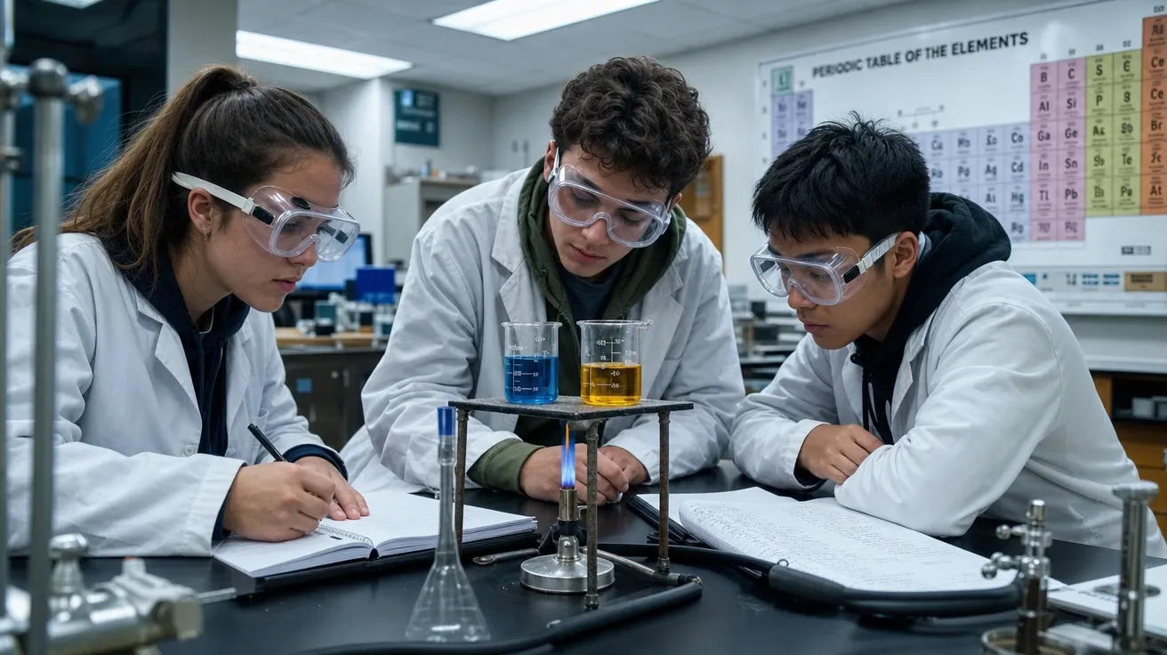AI school stock image of high-school students at lab benches in safety goggles mid-experiment with beakers.