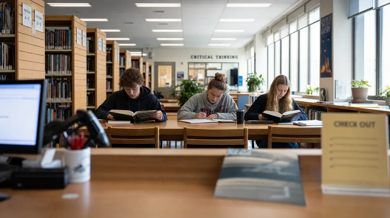 AI-generated school stock photo of a high-school library with students reading at long tables among bookshelves.