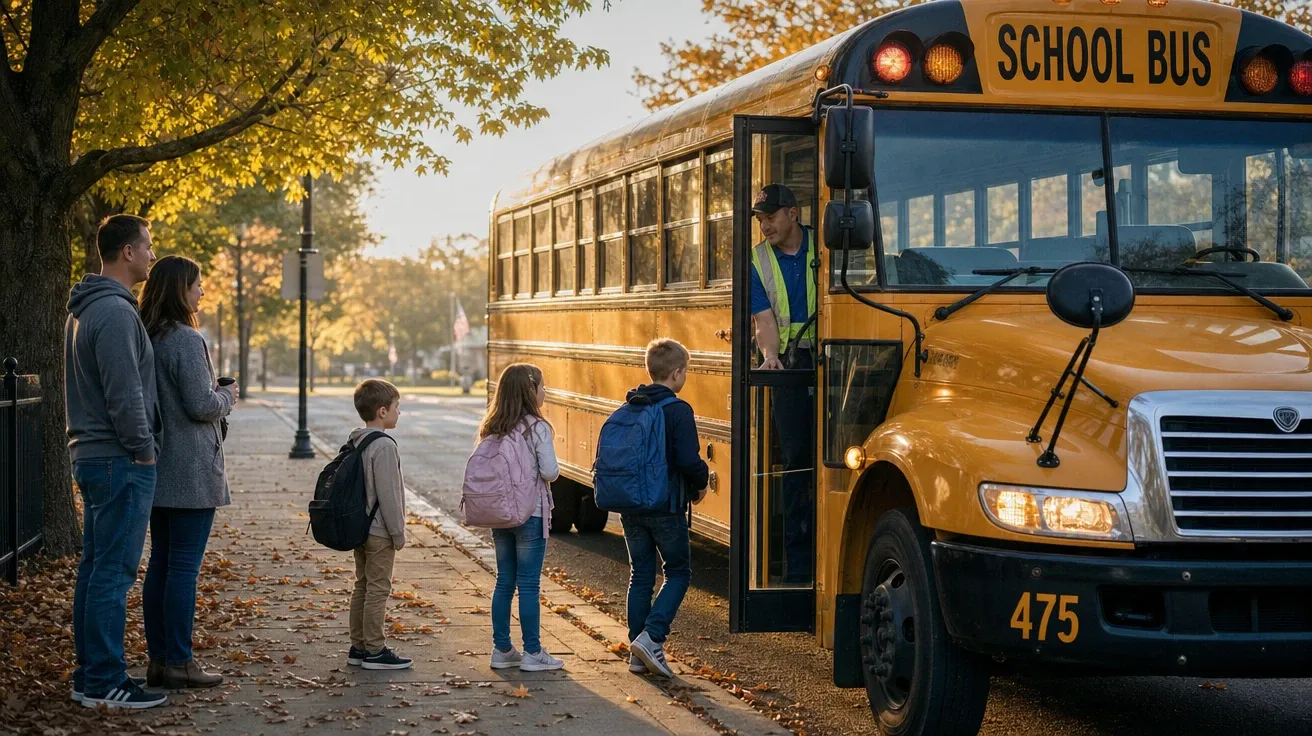 AI-generated school stock photo of a yellow school bus picking up children at a suburban morning bus stop.