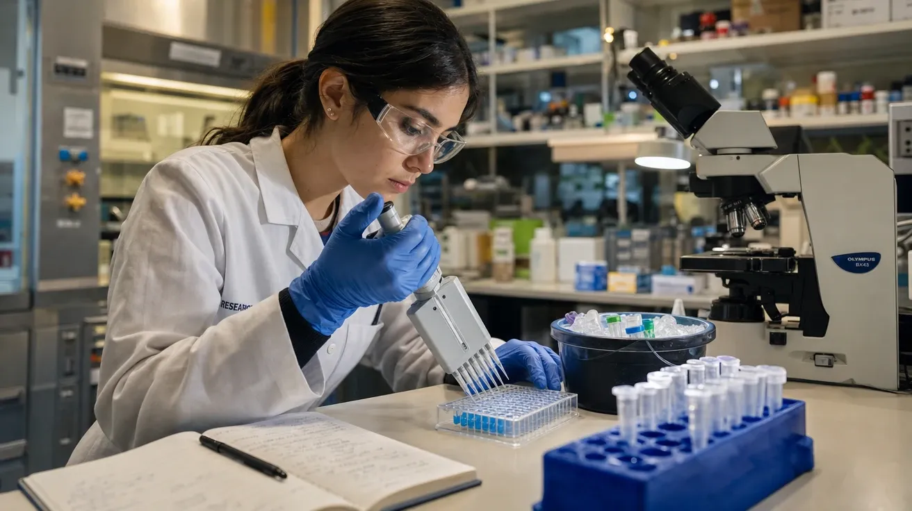 Young woman scientist pipetting samples into 96-well PCR plate at university lab benchtop, AI-generated stock science image.