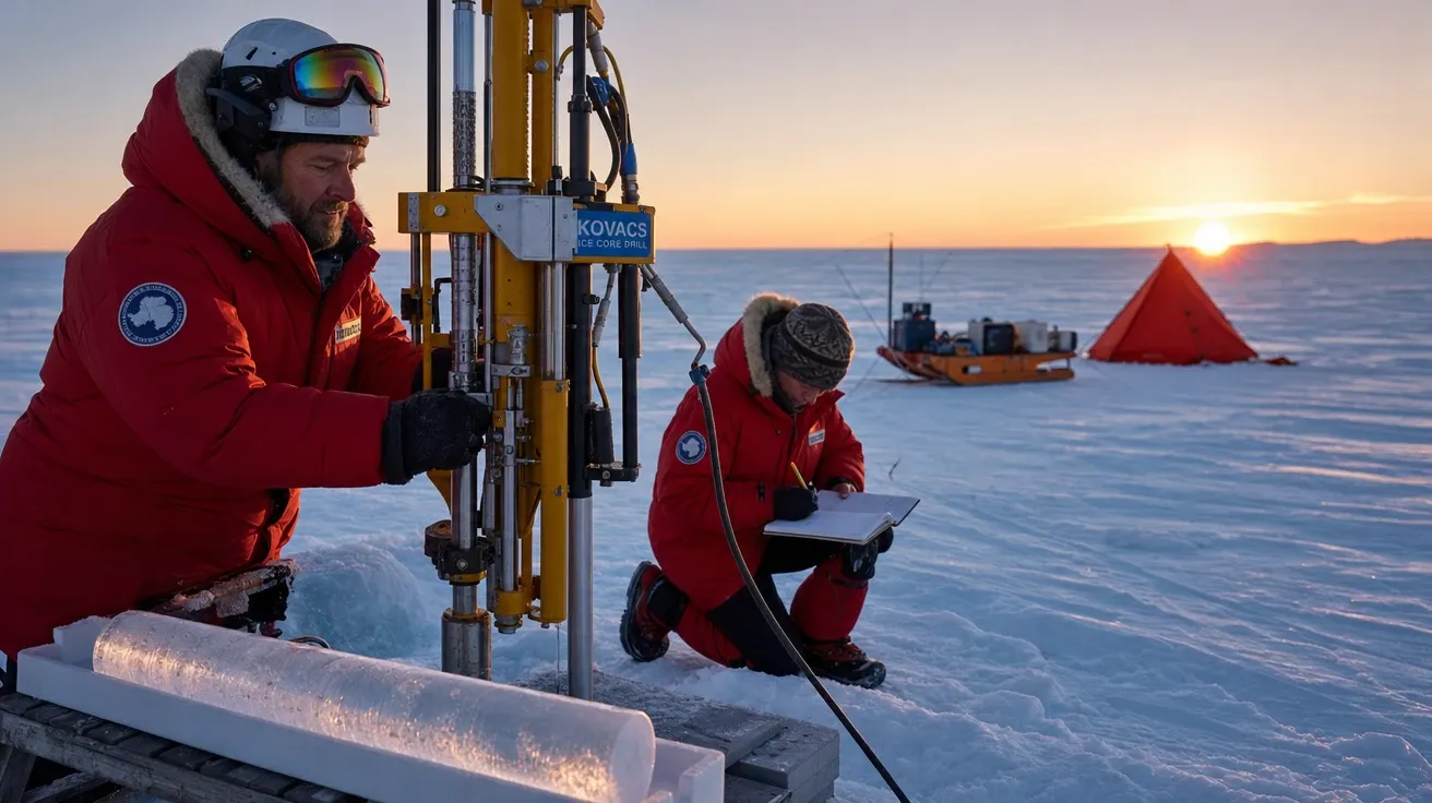 Glaciologist drilling ice core at Antarctic field station in midnight-sun afternoon light, AI-generated stock science image.