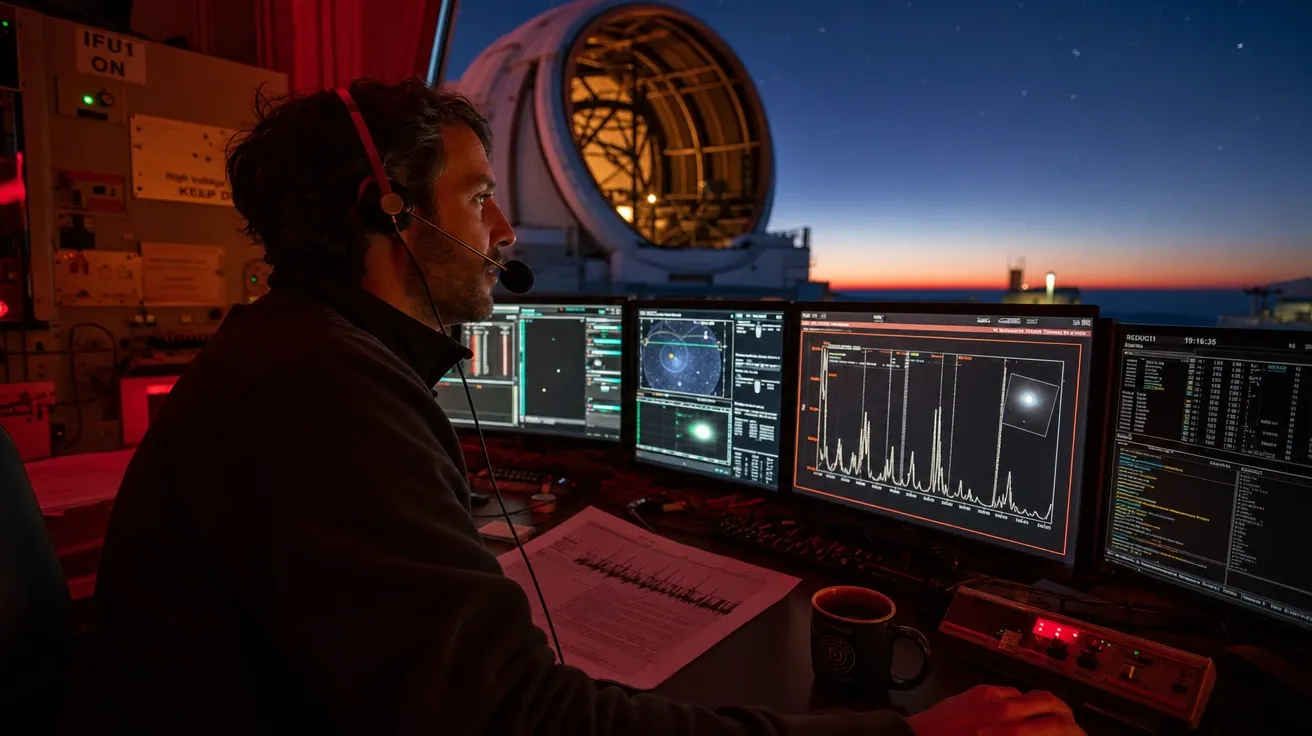 Astrophysicist at control console inside Mauna Kea observatory dome at twilight, AI-generated stock science image.