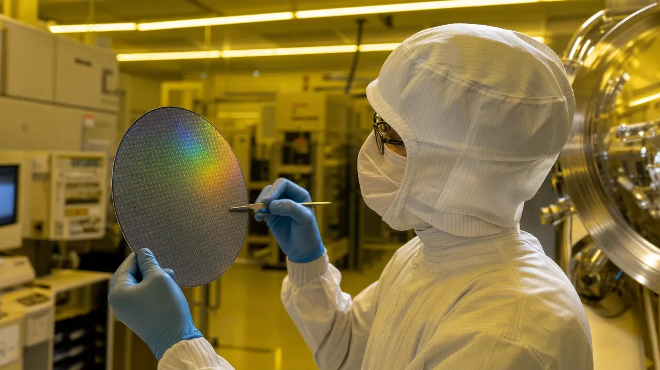 Semiconductor scientist in bunny suit inspecting silicon wafer in cleanroom, AI-generated stock science image.