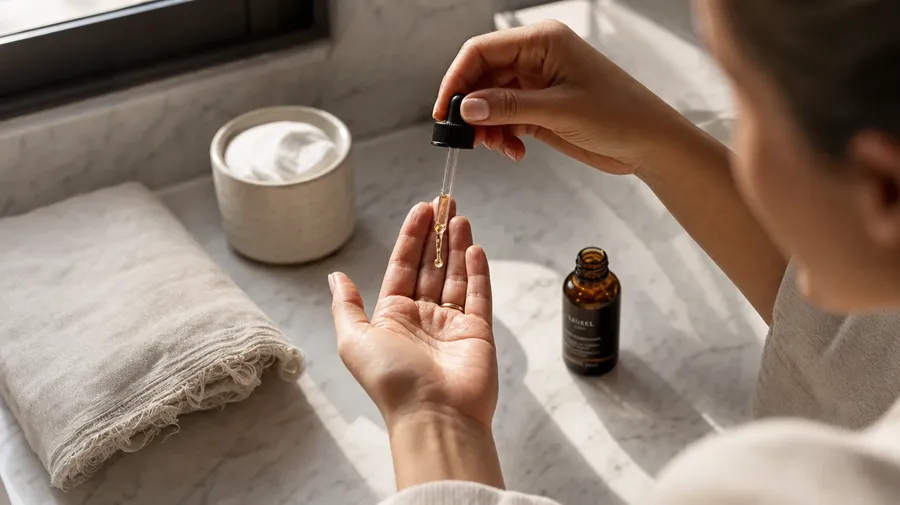 AI-generated morning skincare ritual with an amber serum dropper poised over an open palm in soft window light.