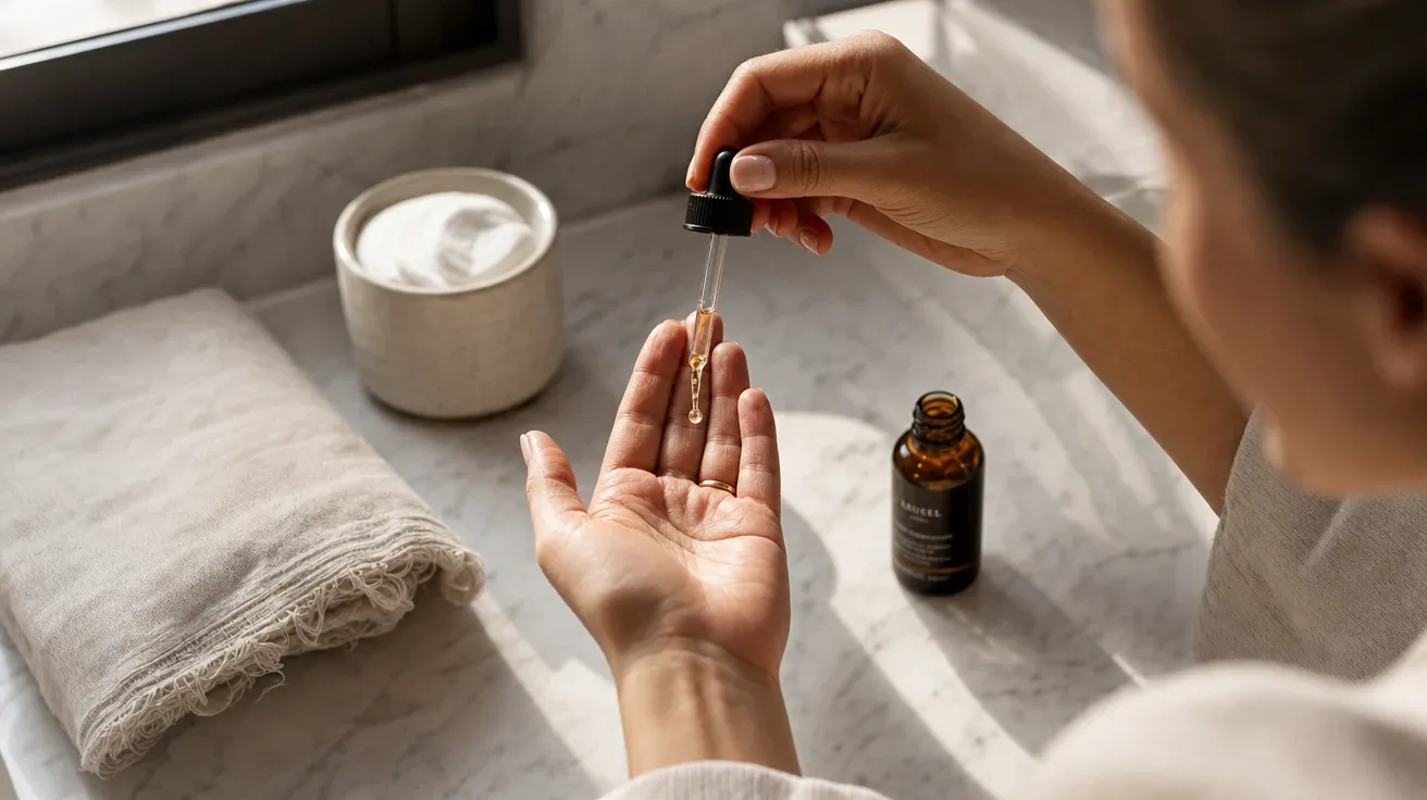 AI-generated morning skincare ritual with an amber serum dropper poised over an open palm in soft window light.