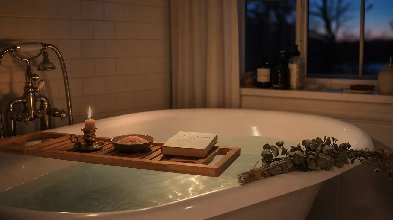 AI stock self-care image of a deep clawfoot bath with epsom salt, beeswax candle, and dried eucalyptus at evening.