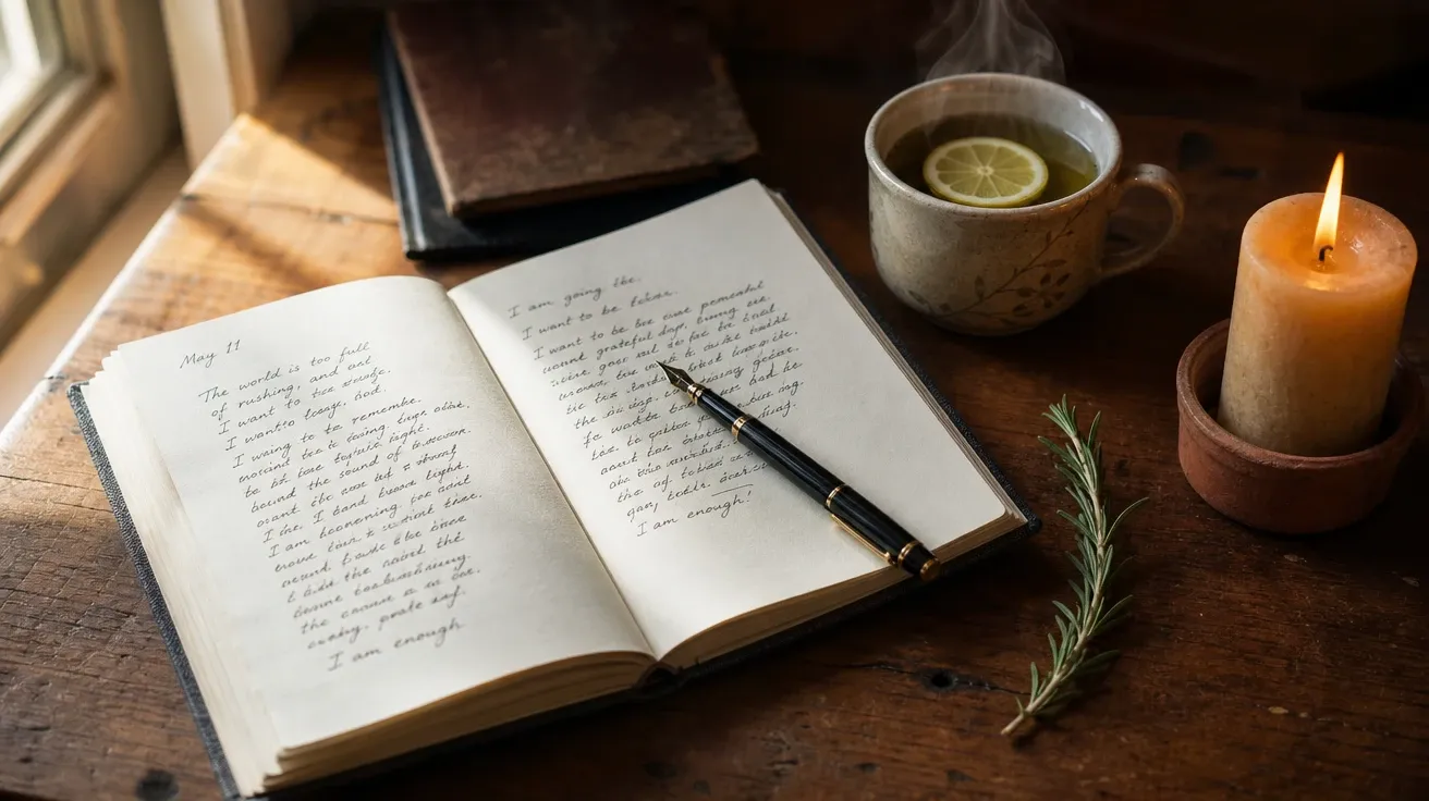 AI-generated quiet journaling moment with an open journal, fountain pen, herbal tea, and a lit candle on a wood desk.