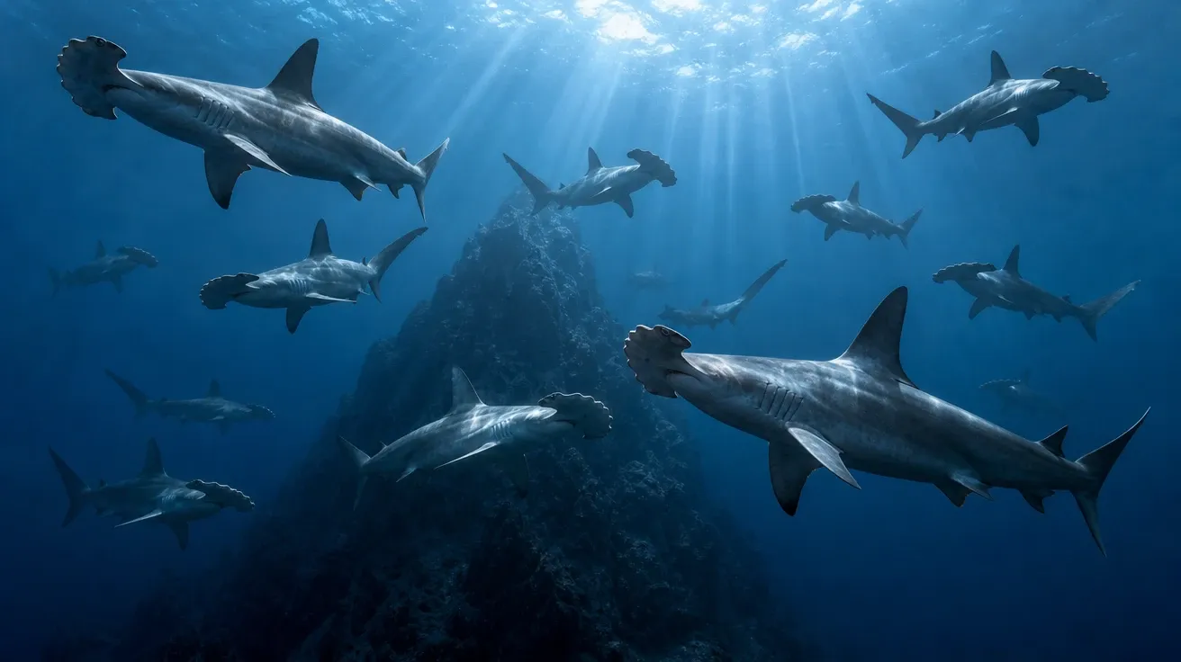 AI shark image of a school of scalloped hammerhead sharks circling in clear blue water around a deep seamount.