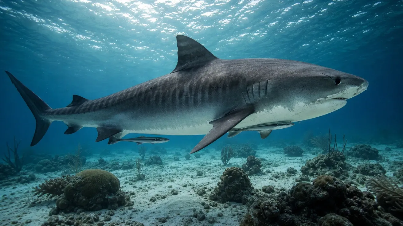 AI shark image of a tiger shark with vertical stripes cruising over a sandy Bahamian reef flat with remora fish.
