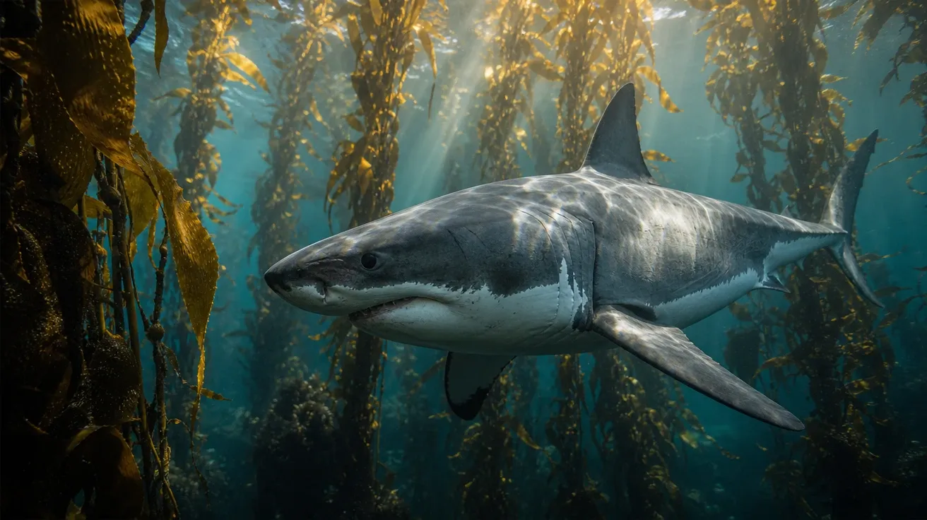 AI-generated shark picture of a great white shark cruising through a sunlit California kelp forest at midday.