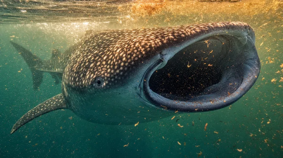 AI-generated shark picture of a whale shark with leopard-spotted hide filter-feeding at a tropical plankton bloom.