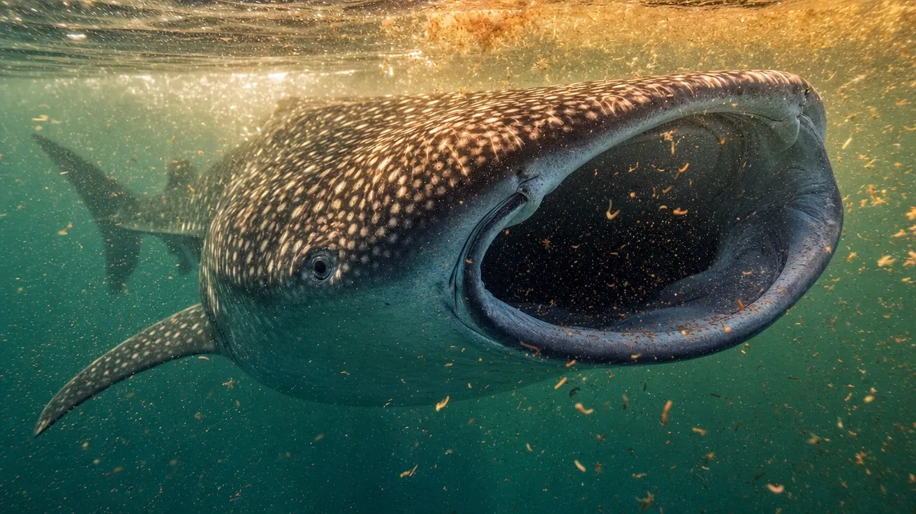 AI-generated shark picture of a whale shark with leopard-spotted hide filter-feeding at a tropical plankton bloom.