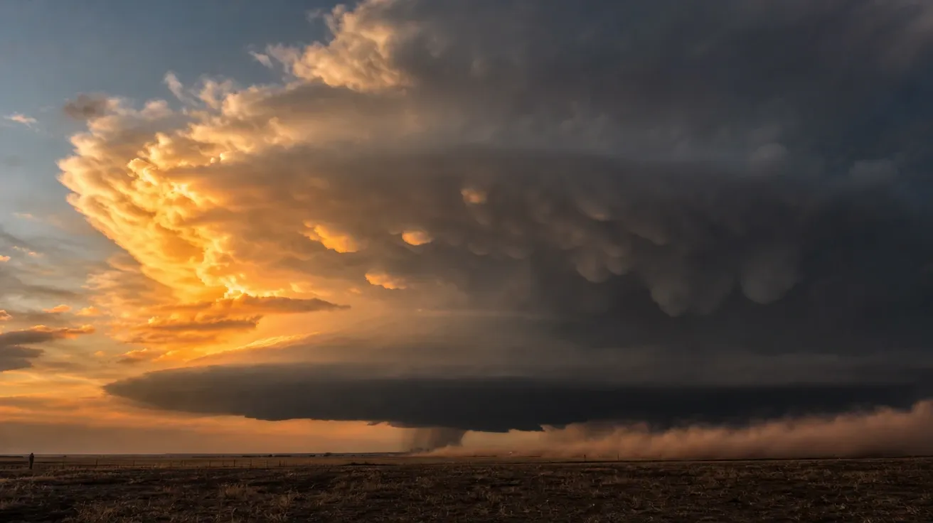 AI sky picture of a massive cumulonimbus thunderhead building over a Midwestern prairie at golden hour with anvil top.