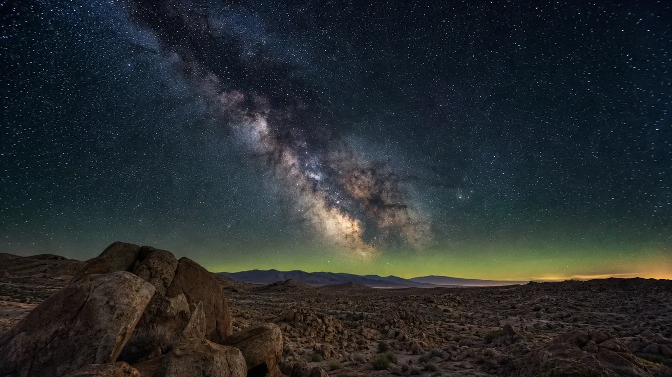 AI sky picture of the milky way's galactic core arching across a moonless night sky over a high-desert plateau.
