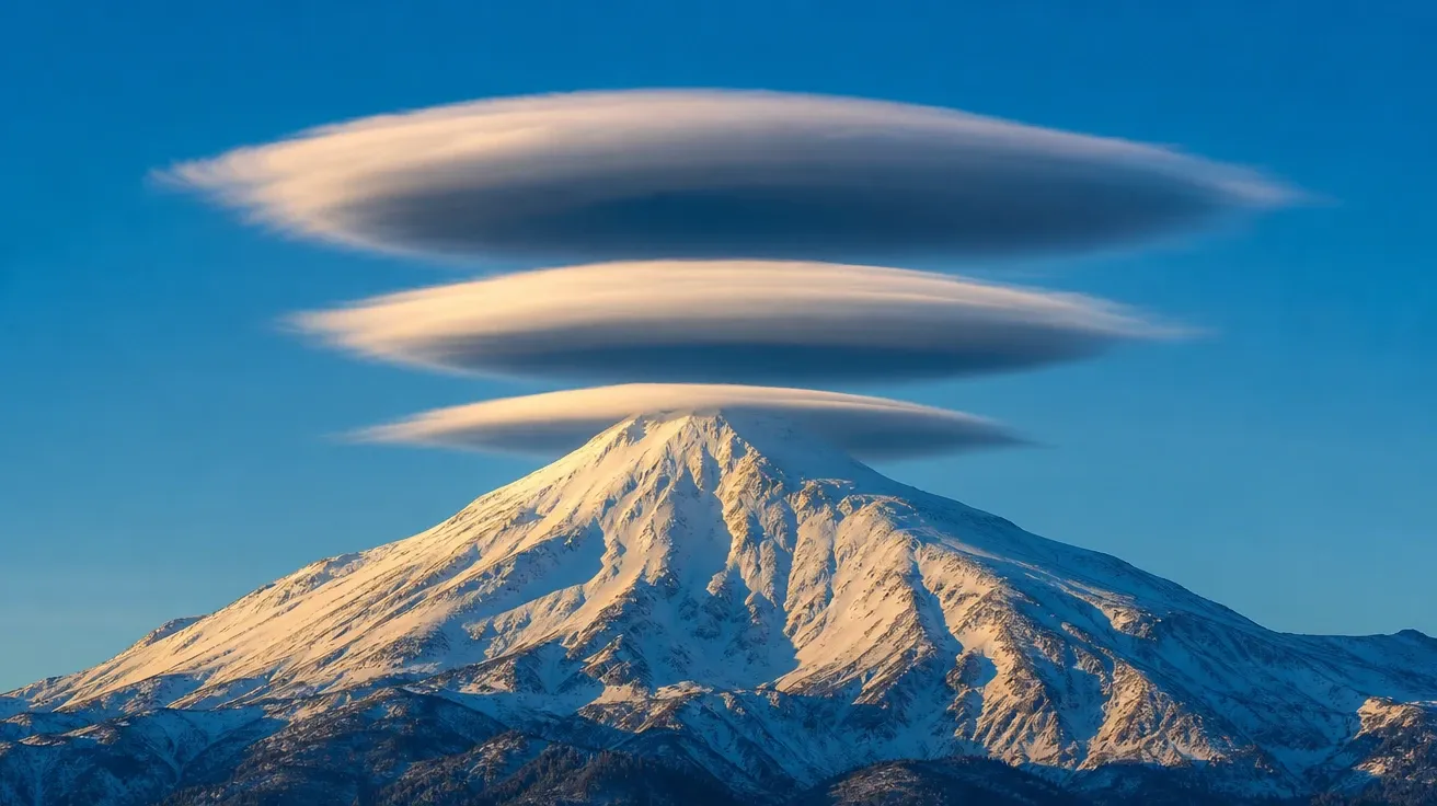AI-generated sky image of three lenticular cloud caps stacked over a snow-capped volcano summit in clear light.