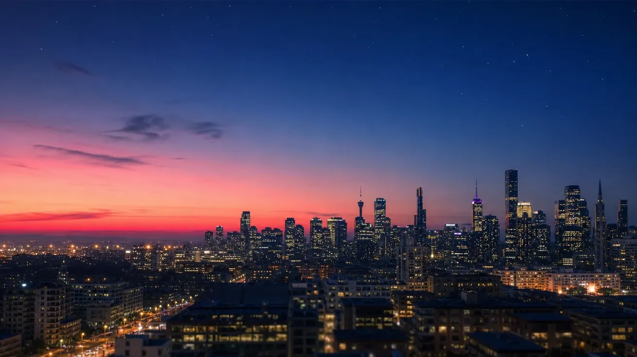 AI-generated sky image of civil twilight magenta band over a major city skyline with first stars and city lights.