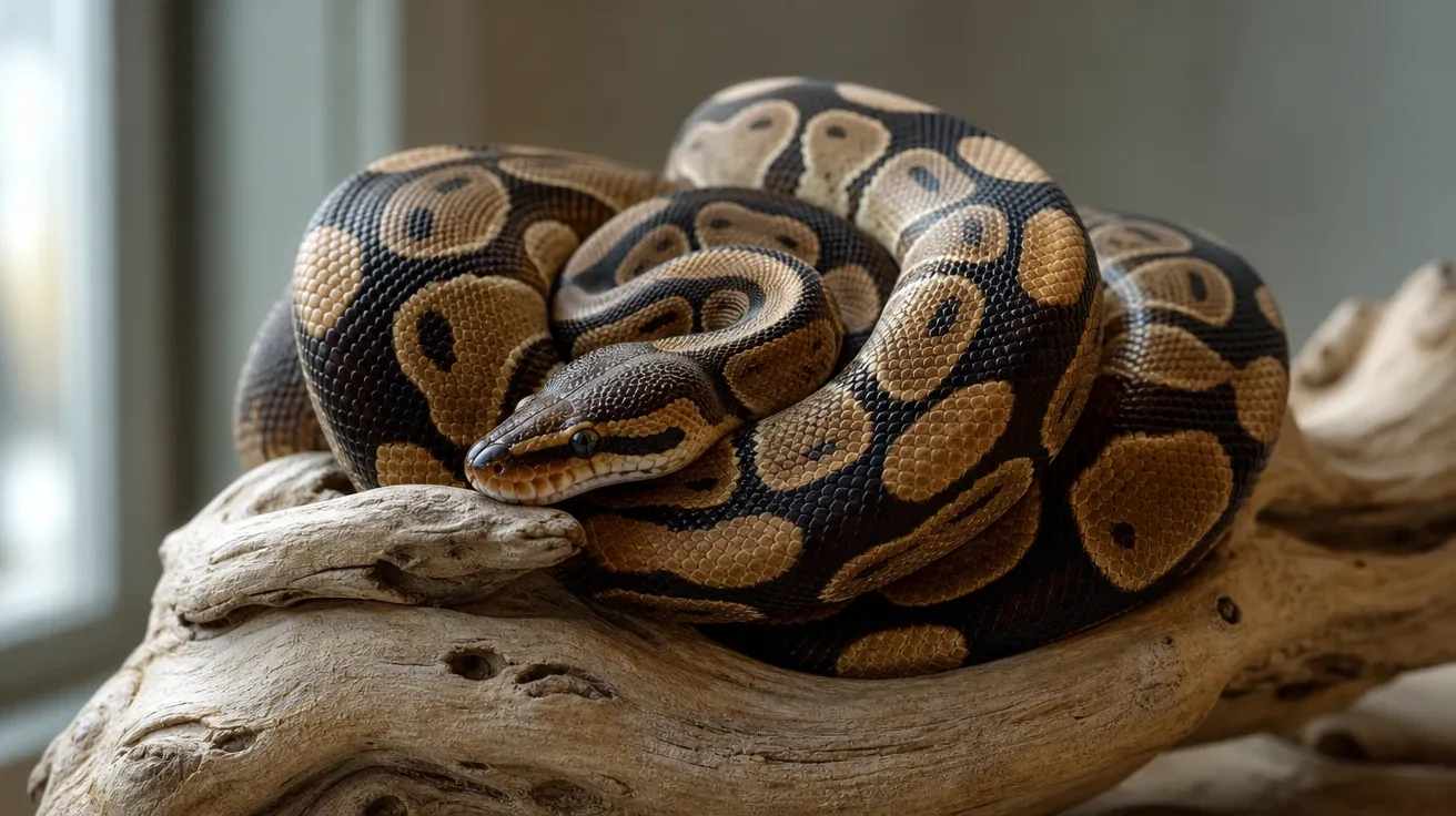 Ball python coiled on bleached driftwood in soft daylight, marbled brown saddles visible. AI snake stock photo.