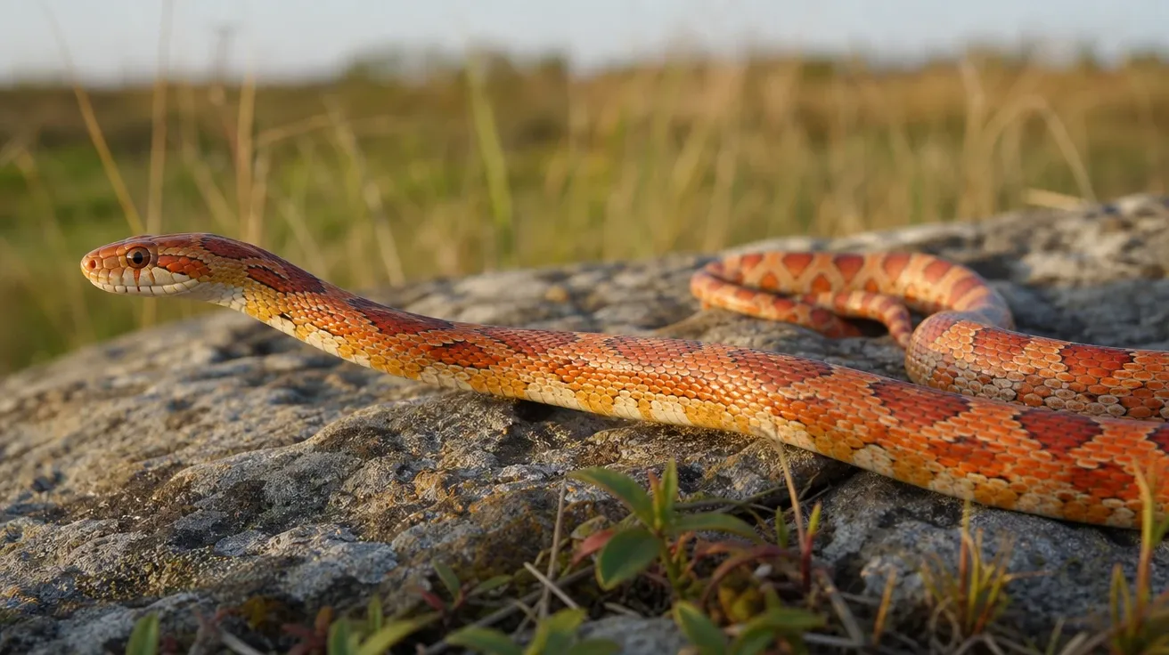 Brightly banded corn snake stretched across a sun-warmed meadow rock, late afternoon light. AI snake stock.