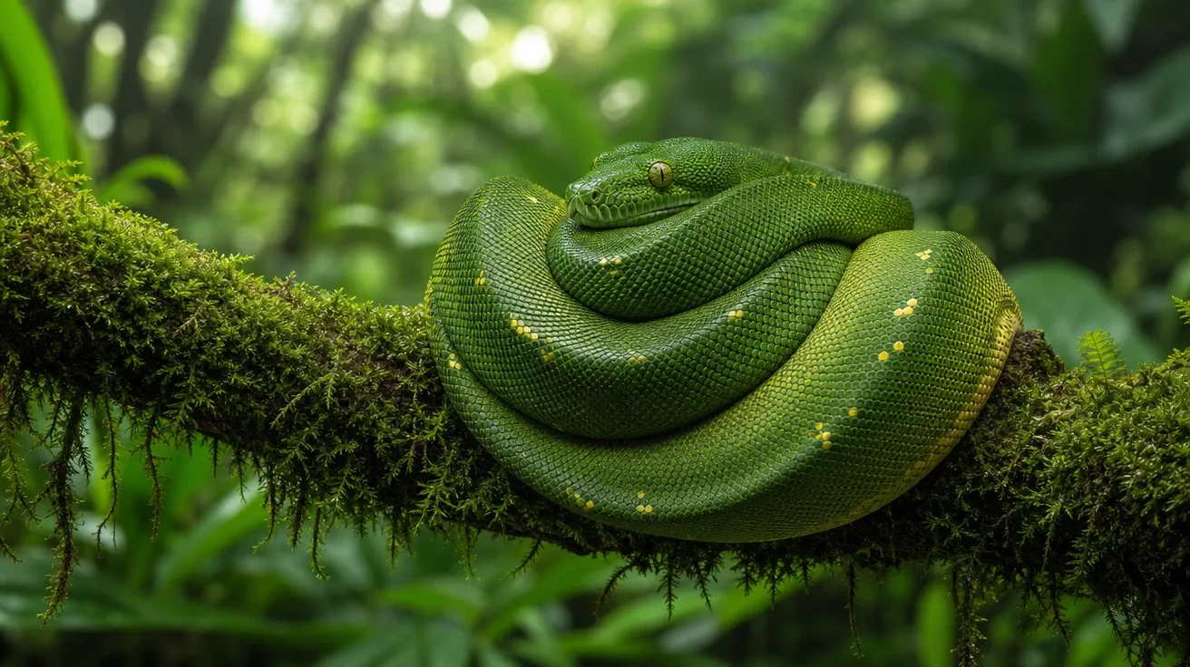 Green tree python coiled tight on a moss-covered rainforest branch, dappled light. AI snake stock photo.