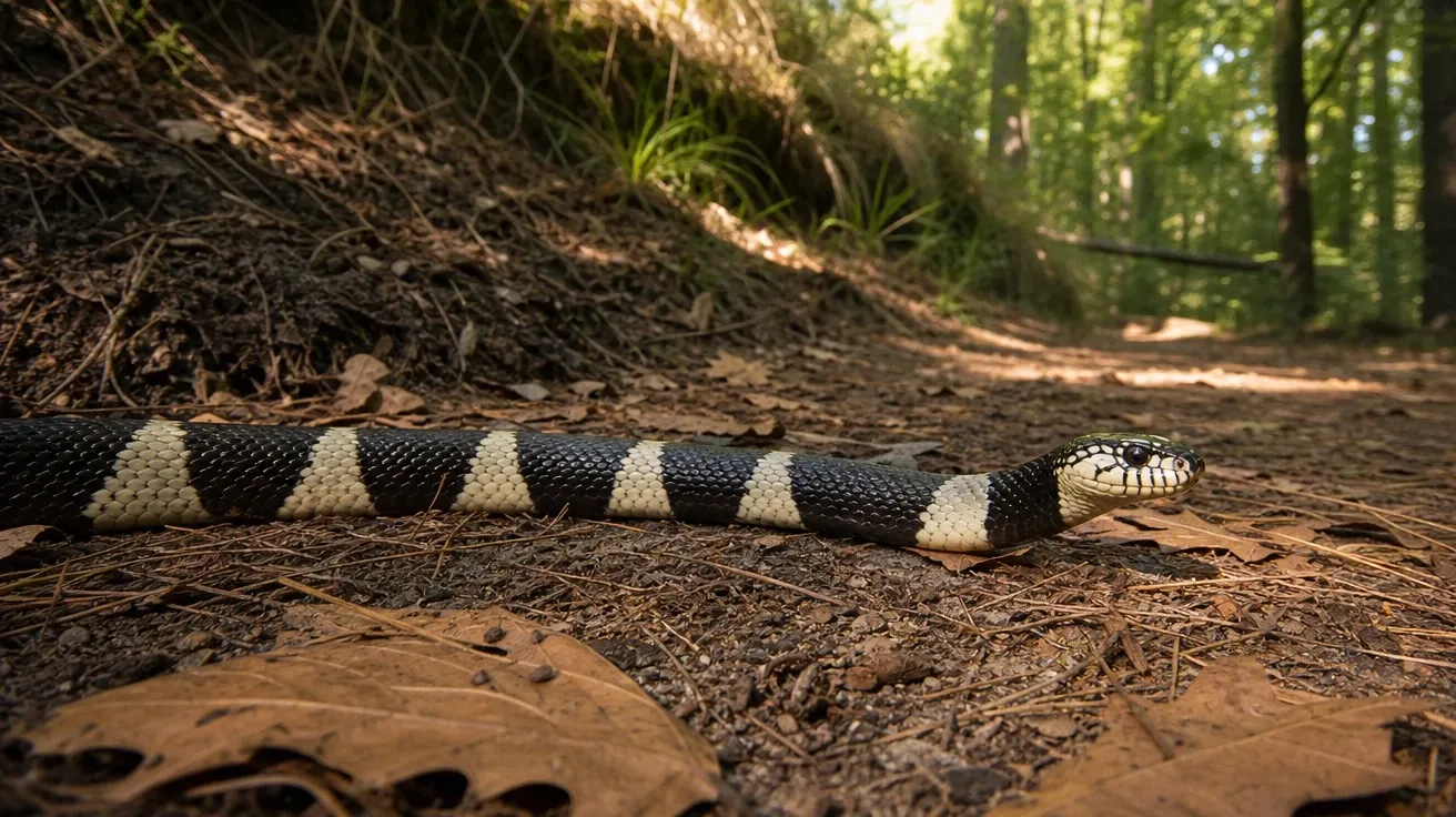 King snake mid-slither across a sunlit forest hiking trail with oak leaves. AI snake stock photo.