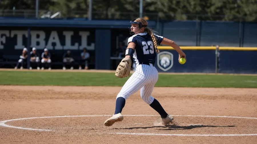 AI-generated college fastpitch pitcher mid-windmill release on a sunlit chalk-lined mound at midday.
