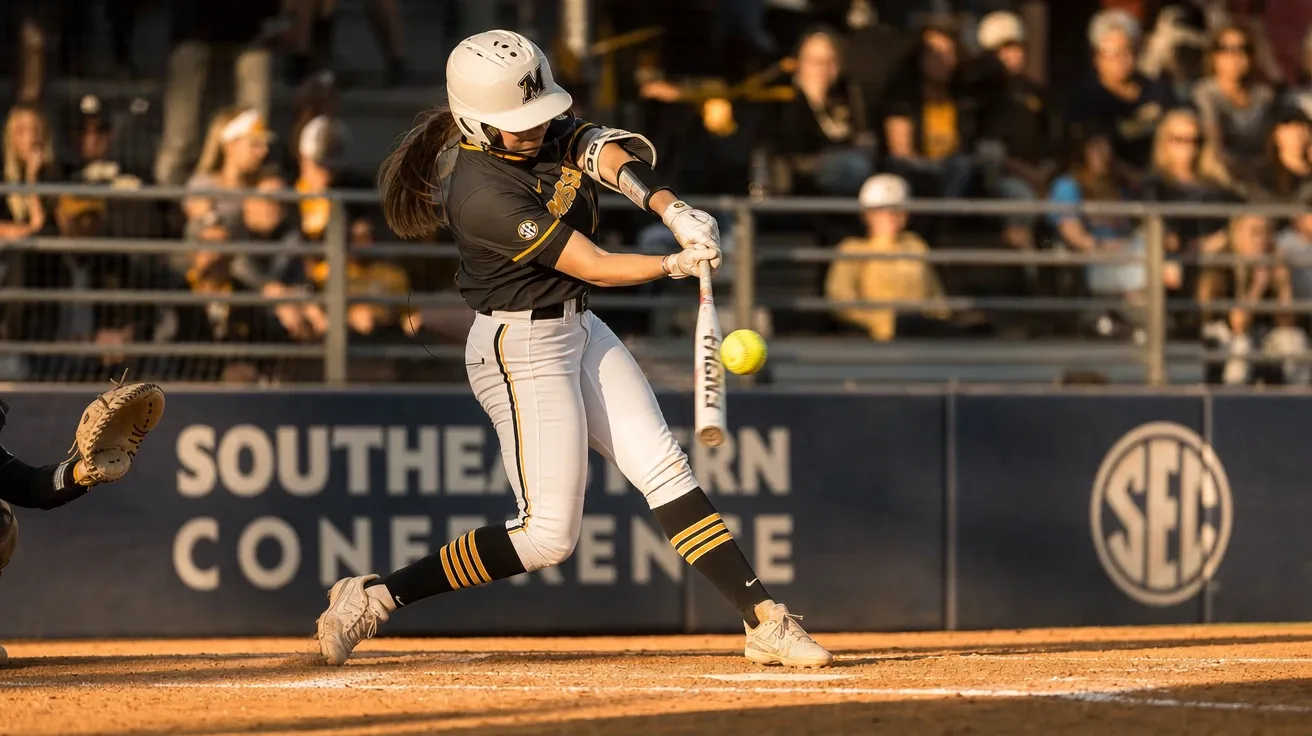 AI stock softball image of a college batter mid-swing connecting with a yellow softball at a tournament at-bat.