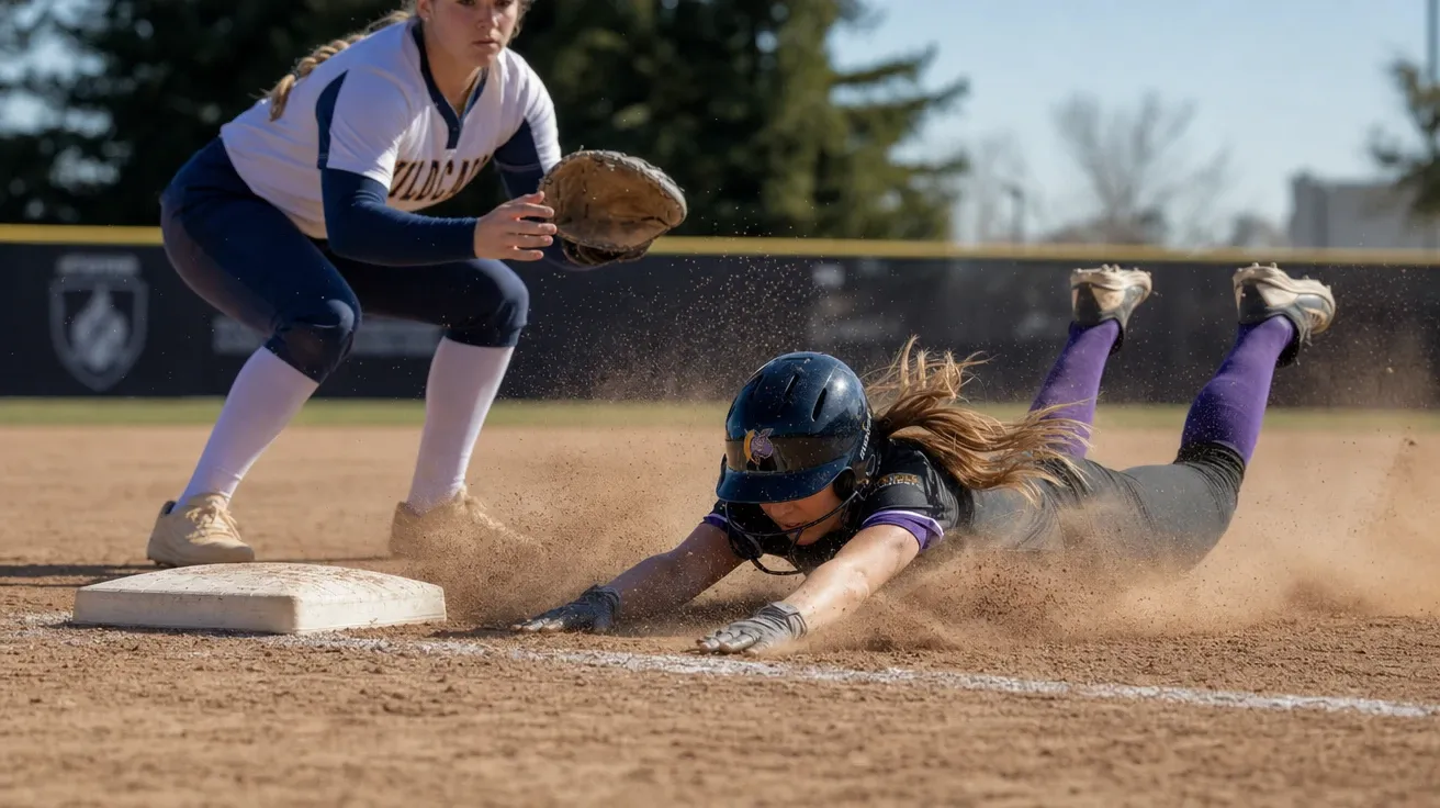 AI-generated college softball runner mid-headfirst-slide into second base with a thick dust cloud rising around her.