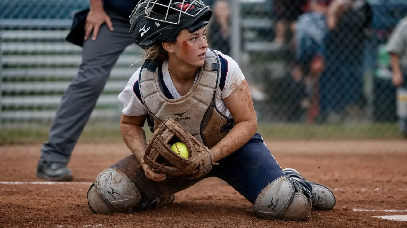 AI-generated college softball catcher kneeling at the plate with a dust-smudged chest protector and dirt across her cheek.