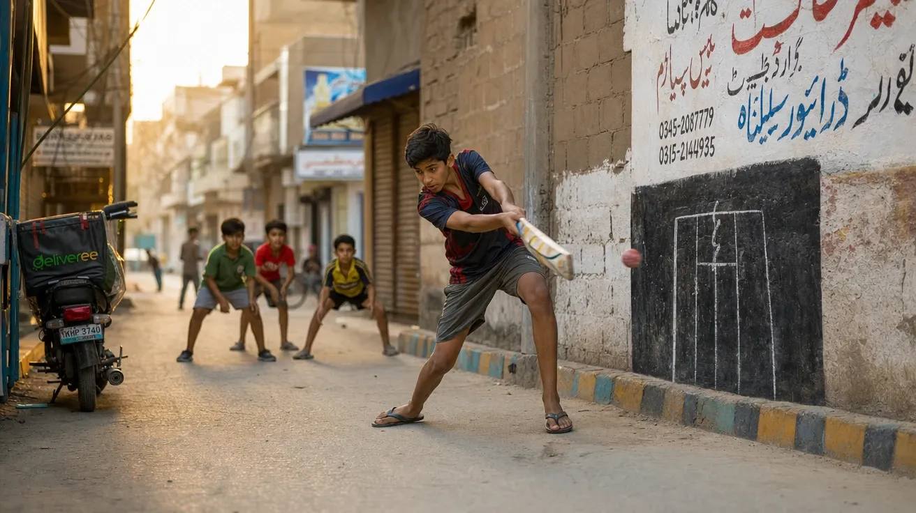 AI stock sports image: Pakistani cricket alley match in a Karachi back-street at golden hour
