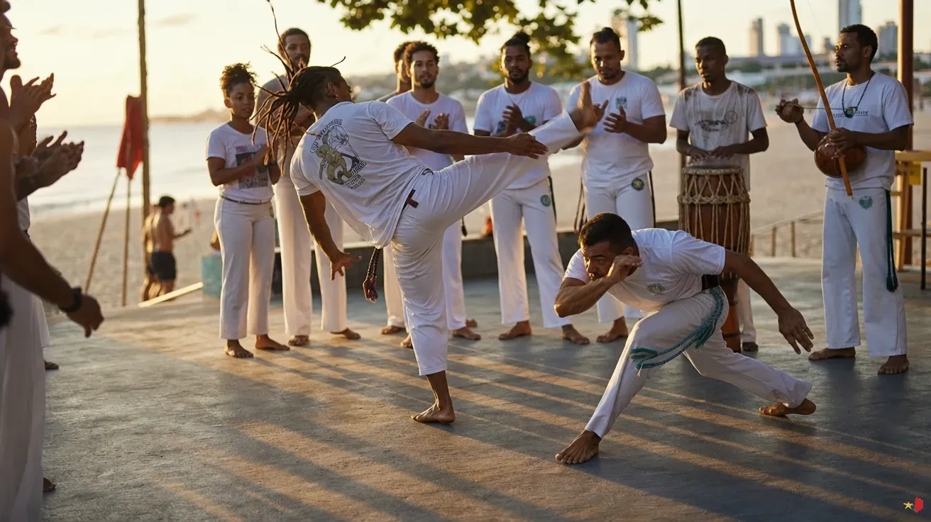 AI-generated sports stock: Brazilian capoeira roda at a Salvador beach gym at sunset