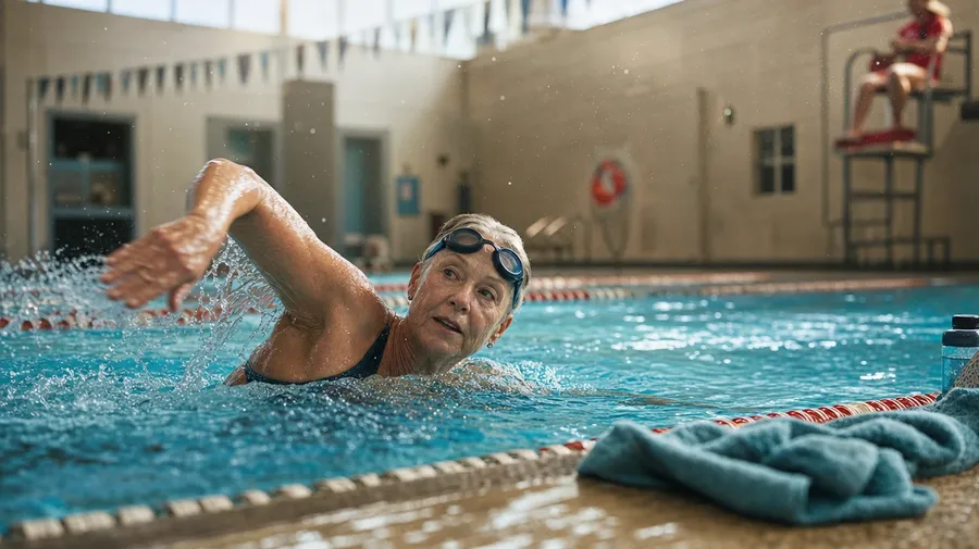 AI-generated sports stock: 60-year-old swimmer doing morning laps at a community pool