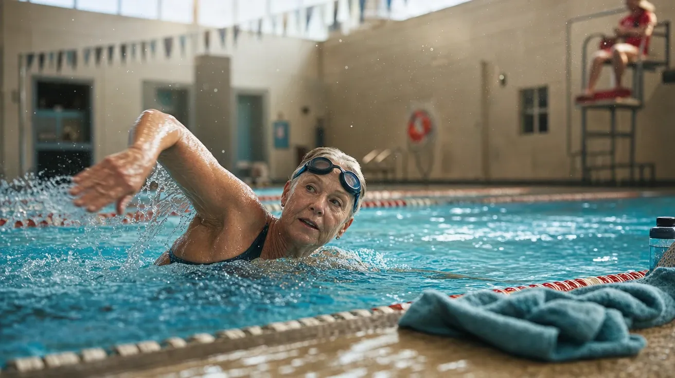 AI-generated sports stock: 60-year-old swimmer doing morning laps at a community pool
