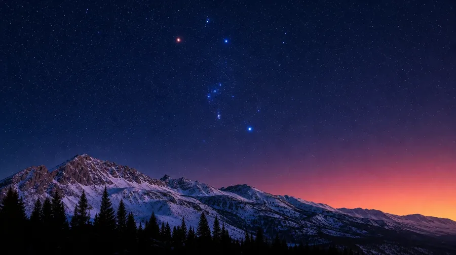 AI-generated star image: Orion constellation rising over a snowy Sierra mountain ridge in winter twilight.